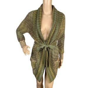 Vtg Y2K BKE Buckle Green Gold Marled Space Dye Belted Duster Cardigan SZ S